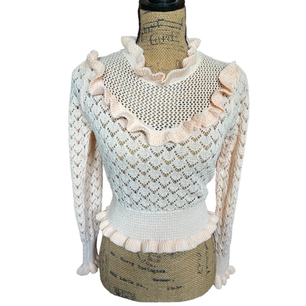 Love Fate Destiny Pointelle Crochet Ruffled Pink Sweater Size M